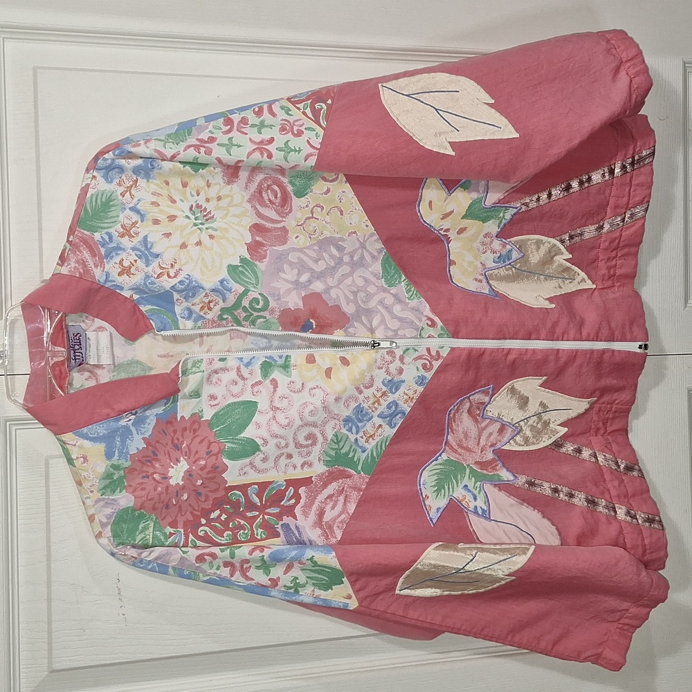 Vintage Southern Stitches zip up jacket - embroidered - salmon pink floral - S